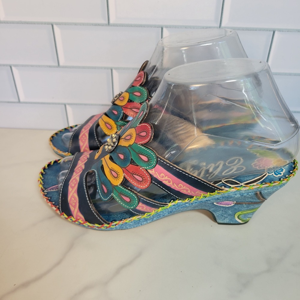 Elite by Corkys Bonsai Blue Leather Peacock Hand Painted Wedge Sandals Womens 6